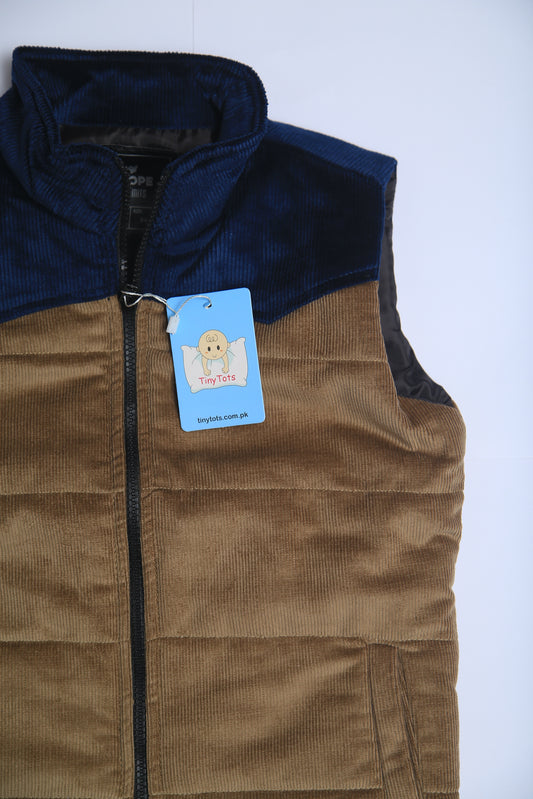 Beige & blue corduroy Quilted Sleeveless jacket