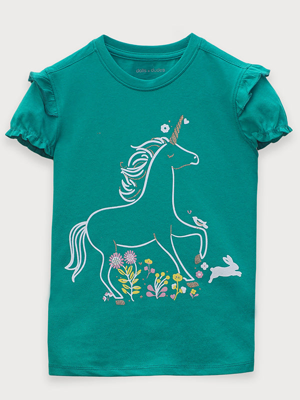 Unicorn Ruffled sleeves green shirt