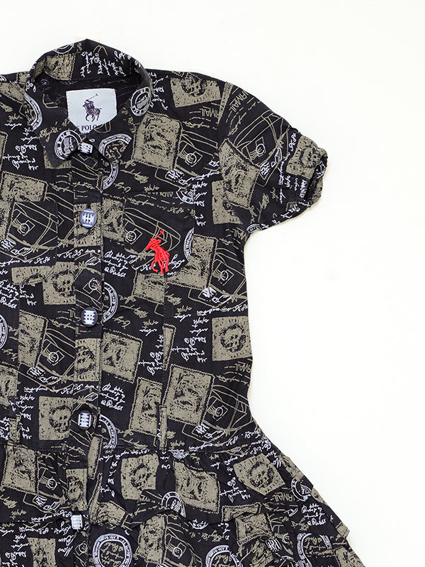 Black graphic frilled polo dress