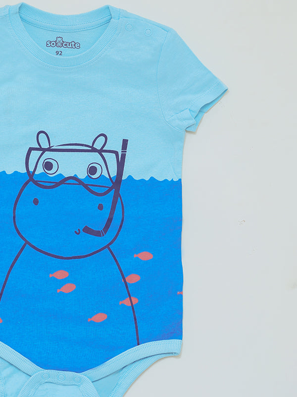 Blue Romper dress with dinosuar graphic