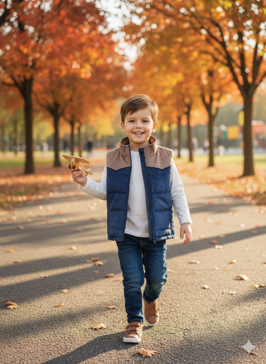 Blue & beige corduroy Quilted Sleeveless jacket