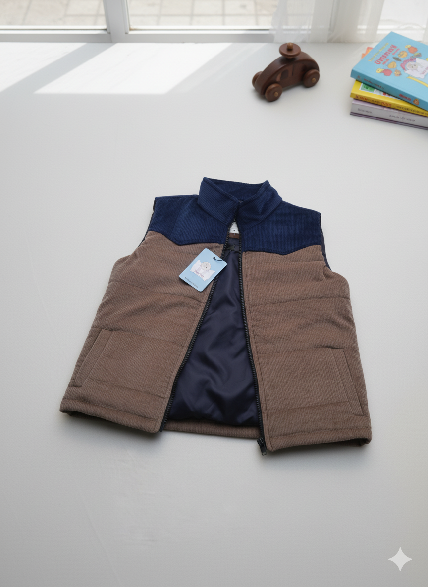 Beige & blue corduroy Quilted Sleeveless jacket