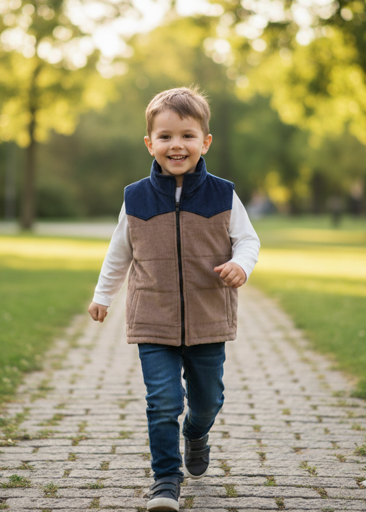 Beige & blue corduroy Quilted Sleeveless jacket