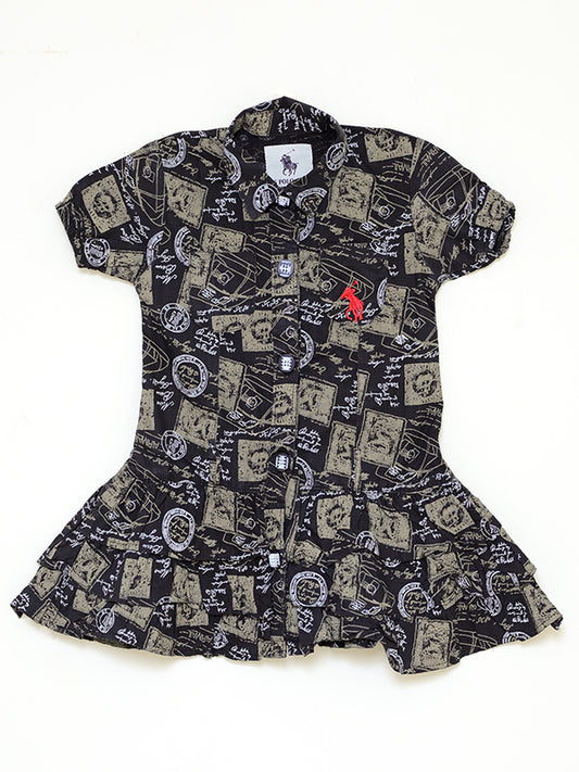 Black graphic frilled polo dress