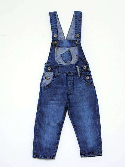 Denim Dungaree with printed patches  -  dark blue