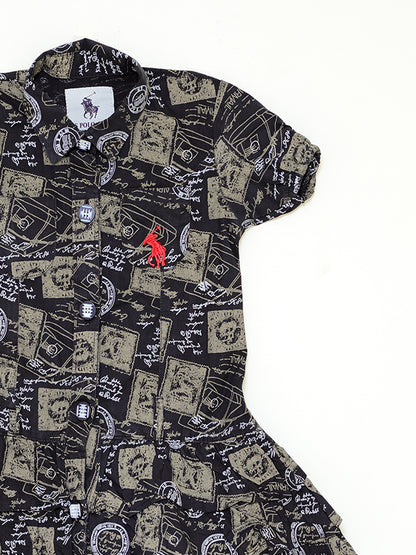 Black graphic frilled polo dress