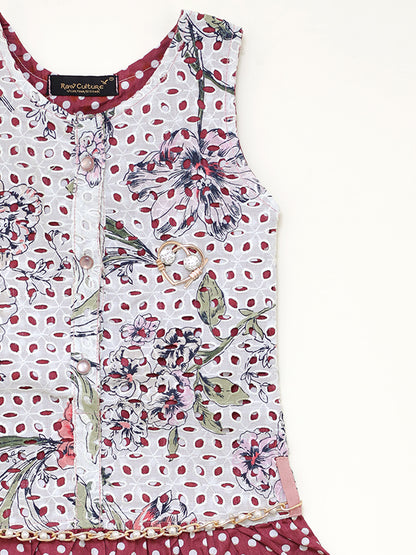 Chikankari Maroon polka dot flared dress with pearl belt