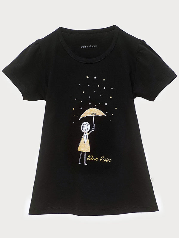 Star Rain Fluffy Sleeves Black Tee