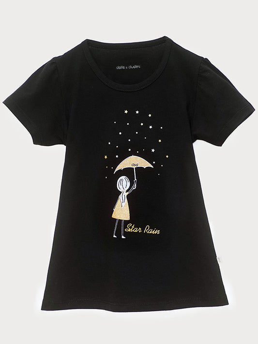 Star Rain Fluffy Sleeves Black Tee